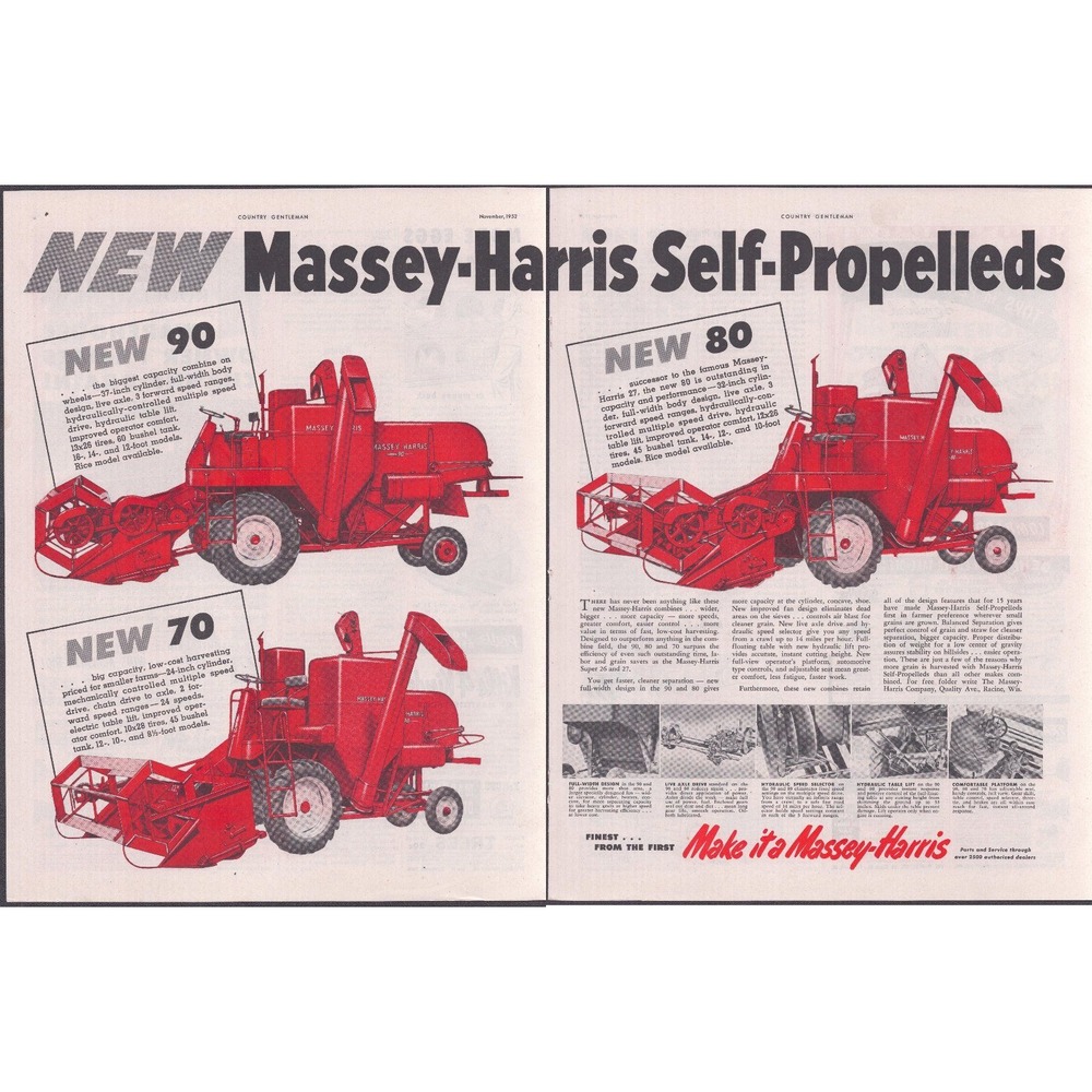 1952 Massey-Harris Self-Propelled Combine 90 80 70 Vtg Print Ad 2 Page Spread